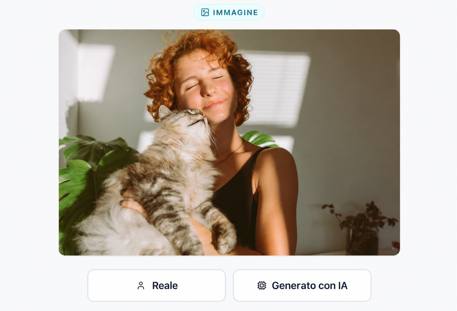 Schermata della sfida Reale o IA: una fotografia di una persona che abbraccia un gatto, con due pulsanti sotto per scegliere tra Reale o Generato con IA