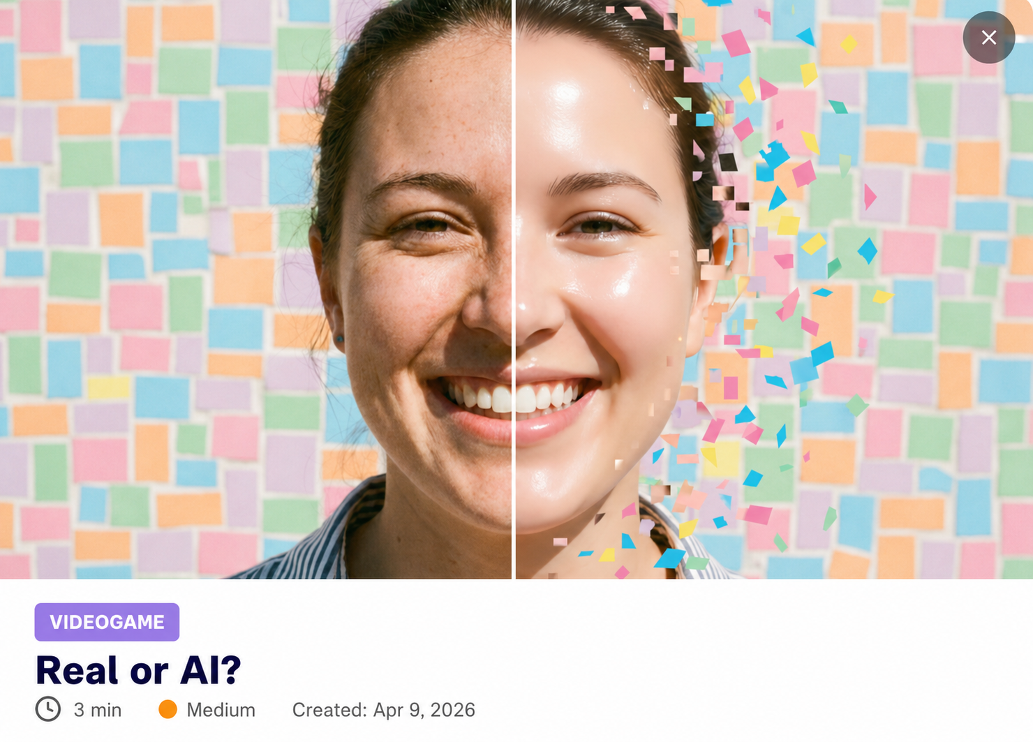 Card of the Real or AI? videogame from the SMARTFENSE catalog, with a split image between a photographic half and a pixelated AI-generated half, Videogame tag, 3-minute duration and medium difficulty