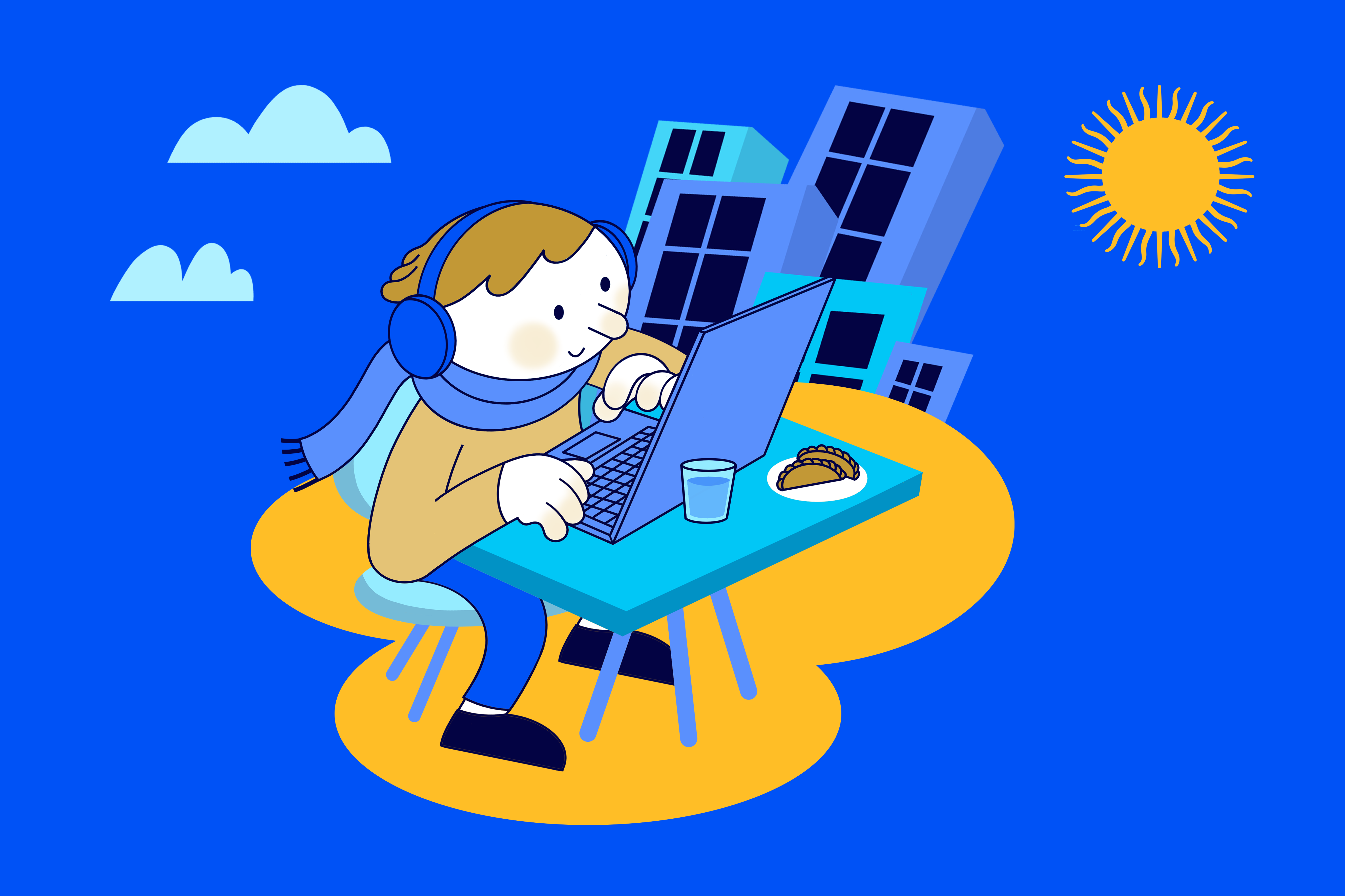 Ilustración SMARTFENSE: colaborador con laptop, mate y empanada, edificios y sol porteños al fondo. Industrial Cyber Summit Argentina 2026.